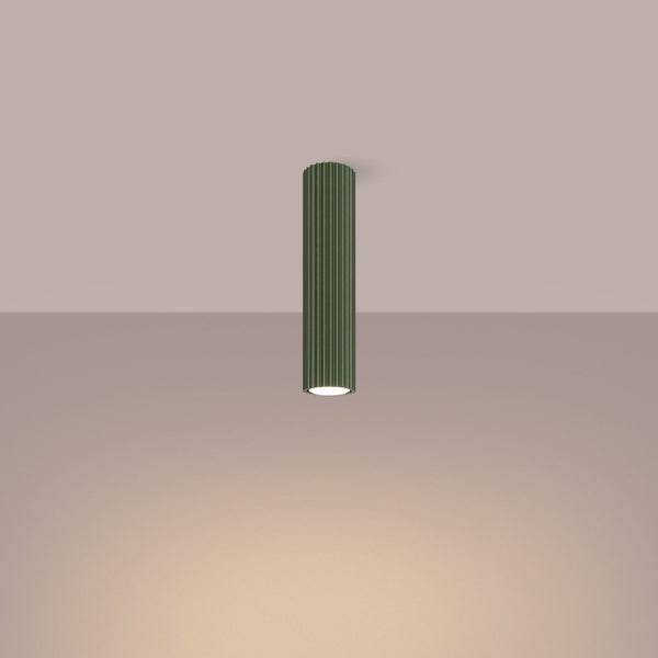 Grüne Deckenleuchte mit gerippter Oberfläche.