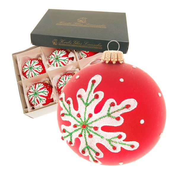Rot matt 8cm Glaskugel mundgeblasen und handdekoriert , 6 Stck., Weihnachtsbaumkugeln, Christbaumschmuck, Weihnachtsbaumanhänger