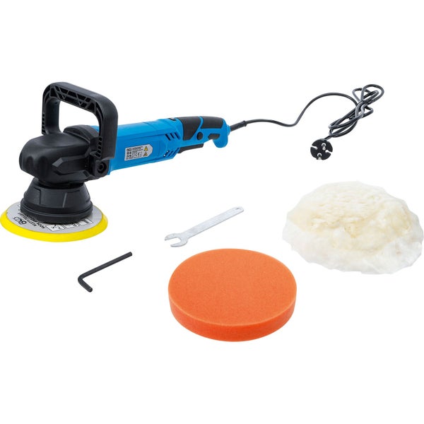 Elektrische Poliermaschine mit Polierschwamm, Polierhaube aus Wolle, Gabelschlüssel und Innensechskantschlüssel.