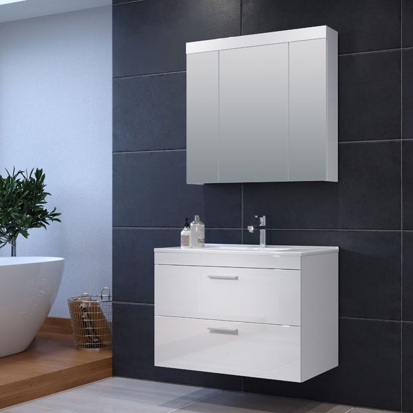 Devon Badmöbelset C mit Bad Spiegelschrank weiß, weiß Hochglanz. 80 X 47 X 190 cm