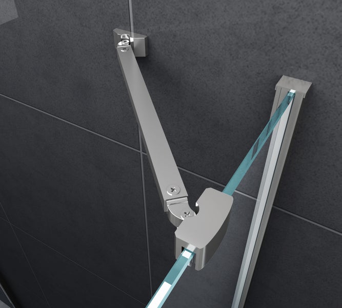 Stabilisierungsstange aus Metall für eine gläserne Duschwand, montiert an einer gefliesten Wand.