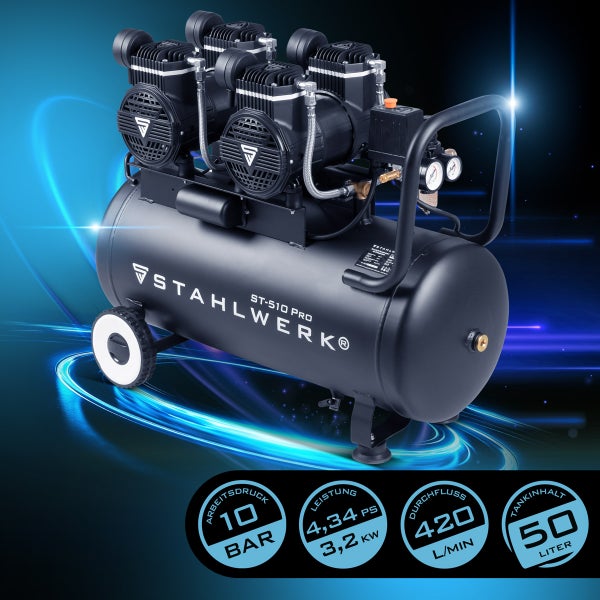 STAHLWERK ST-510 PRO Kompressor mit 50 Litern Tankinhalt, 10 bar Arbeitsdruck und 3,2 kW Leistung