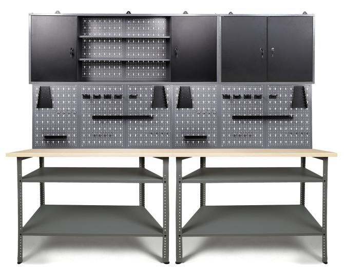 Werkbank mit Lochwand, Schränken und Regalen für Werkstatt und Garage