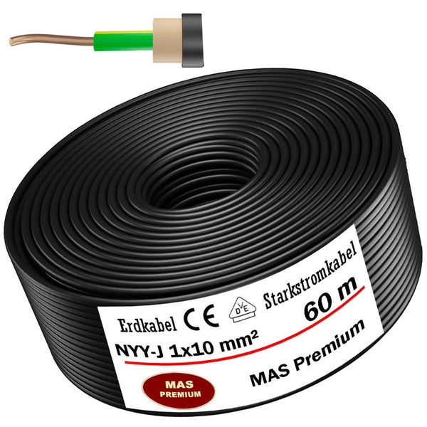 Erdkabel NYY-J 1 mal 10 Quadratmillimeter, Starkstromkabel, Rolle mit 60 Meter Länge, MAS Premium.