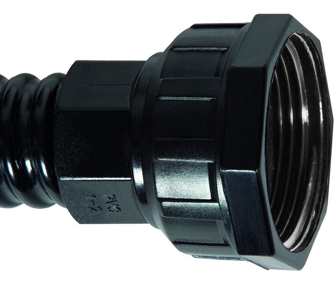 Schwarzer Schlauchverbinder aus PVC mit Innengewinde und Sechskant-Griff.