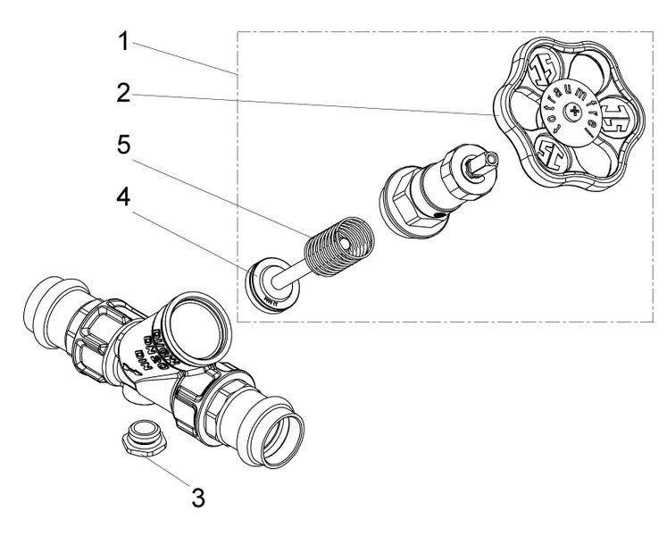 Technische Zeichnung eines Absperrventils mit nummerierten Einzelteilen wie Handrad, Ventilspindel und Gehäuse.