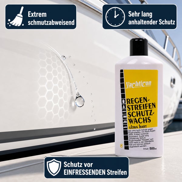 Yachticon Regenstreifen Schutzwachs in 500 Milliliter Flasche zur Versiegelung von Bootsflächen mit Abperleffekt und Schutz vor Schmutz.