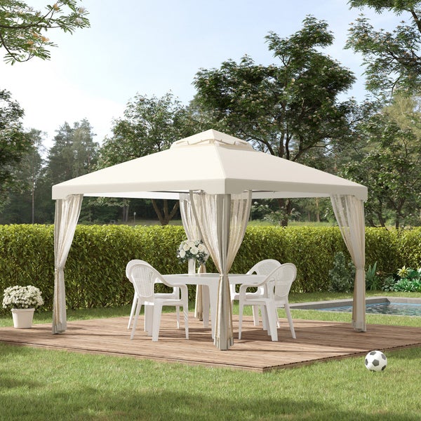 Outsunny Pavillon, Gartenpavillon, 2,94 x 2,94 x 2,65 m, Metall + Polyester, Cremeweiß