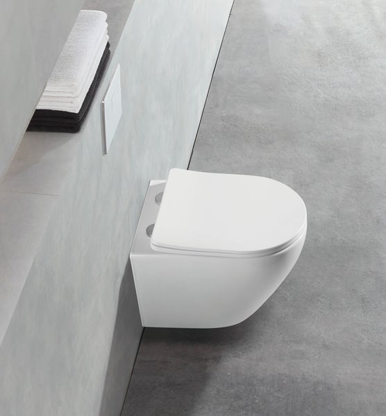 Wandhängendes WC mit Spülkasten und Handtüchern im Badezimmer