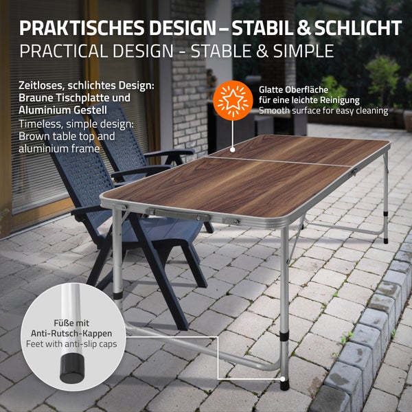 ECD Germany Campingtisch Set mit 4 Hocker, 120x60x55/63/70 cm höhenverstellbar, klappbar, Holzdekor, aus Aluminium und MDF, Campingmöbel Set Klappmöbel Klapptisch Falttisch Gartentisch mit 4 Stühle