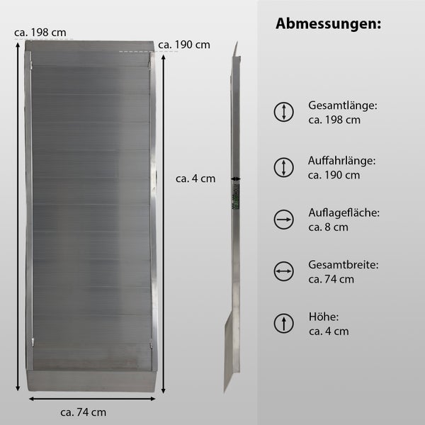 TRUTZHOLM 1 x Breitrampe 198 x 74 cm Traglast 600 kg Alu grau geriffelt Auffahrrampe Eventrampe Laderampe