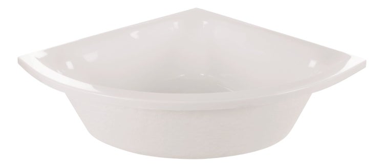 Weiße Eckbadewanne mit geschwungener Frontseite.