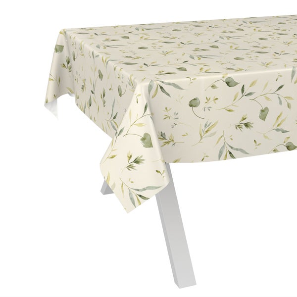 Tischdecke mit botanischem Blattmuster in verschiedenen Grüntönen auf hellem Grund.