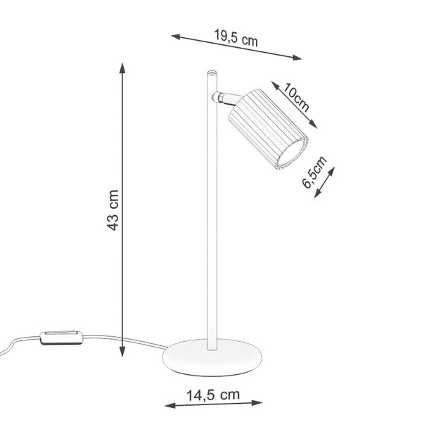 Abbildung einer Schreibtischlampe mit den Maßen 43 cm Höhe, 19,5 cm Tiefe und einem Lampenschirm von 10 cm Breite und 6,5 cm Höhe.