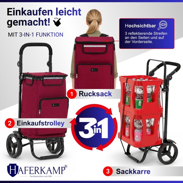 Haferkamp 3-in-1 Einkaufstrolley, nutzbar als Rucksack, Einkaufstrolley und Sackkarre, mit reflektierenden Streifen für hohe Sichtbarkeit.