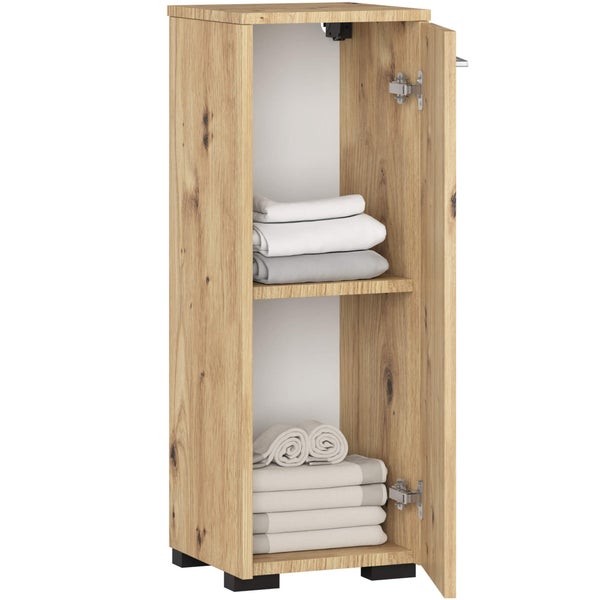 Offener Badezimmerschrank aus Holz mit Handtüchern