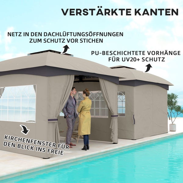 Outsunny Pavillon ca. 3,4x3,4 m wasserabweisend Gartenpavillon mit 4 Seitenteilen, Doppeldach, Partyzelt mit UV-Schutz Gartenzelt mit verzinktem Metallrahmen, für Garten Hellgrau