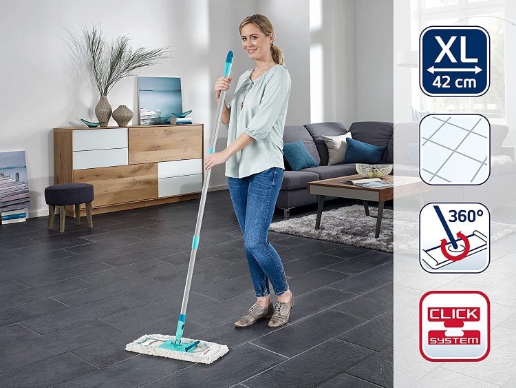 Leifheit rückenschonender Bodenwischer Profi XL cotton plus, Stahlstiel 146cm, Wischmopp mit Fußklick, für Fliesen- umd Steinböden, 360° Drehgelenk, Click-System, umweltfreundlicher Karton