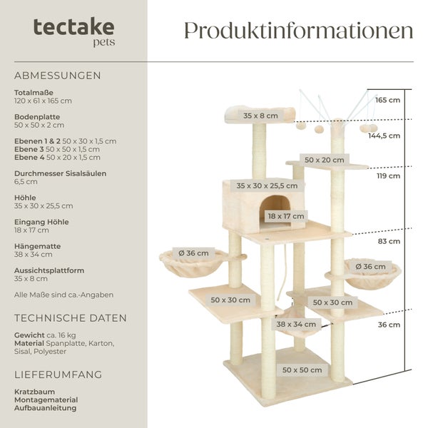 Kratzbaum tectake Lilou inklusive 4 Spielbällen, Kordel und Kippschutz 165 cm beige