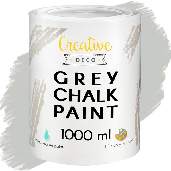 Dose mit Creative Deco Kreidefarbe in Grau, wasserbasiert, 1000 Milliliter, Ergiebigkeit plus minus 10 Quadratmeter.
