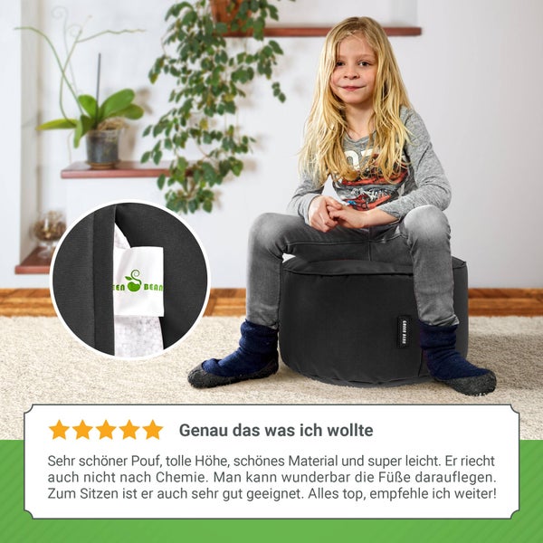 Green Bean Sitzsack-Hocker 45x25cm mit EPS-Perlen Füllung - Fußhocker Fußkissen Sitz-Pouf für Sitzsäcke - Bodenkissen für Kinder und Erwachsene - Fußablage Sitzkissen Sitzhocker Schwarz