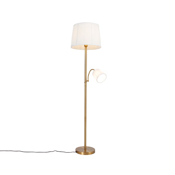 QAZQA - Klassisch I Antik Klassische Stehlampe bronzefarbener Stoffschirm weiß mit Leselampe - Retro I Wohnzimmer I Schlafzimmer - Stahl Länglich - LED geeignet E27