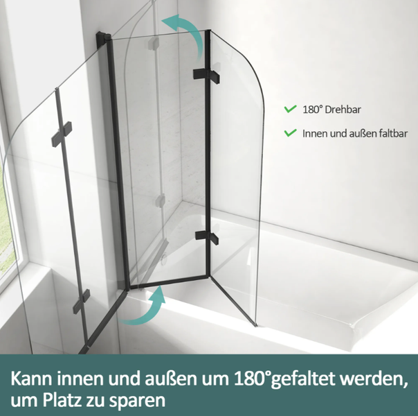 EMKE Badewannenaufsatz 2-teilig 110 x 140 cm Schwarz – Faltbare Duschwand aus 6 mm ESG-Sicherheitsglas mit NANO-Beschichtung, beidseitig montierbar