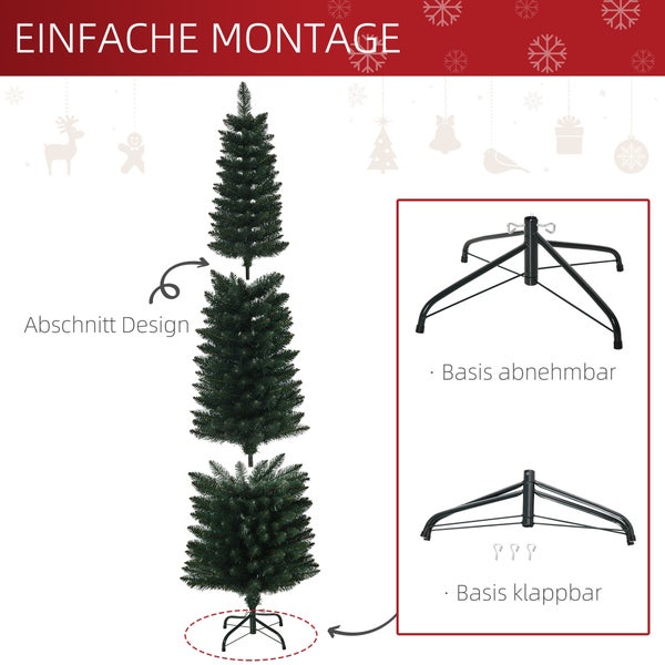 Infografik zur Montage eines künstlichen Weihnachtsbaums in drei Abschnitten mit einem klappbaren Metallständer.