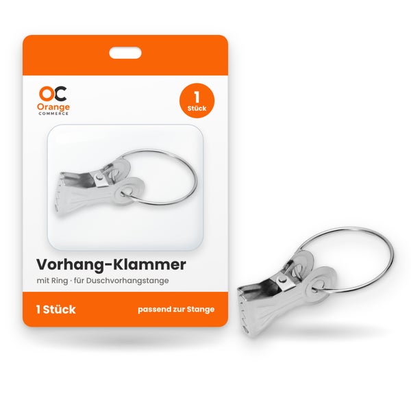 Eine metallene Vorhangklammer mit Ring zur Befestigung an einer Duschvorhangstange, präsentiert in einer Orange Commerce Logo Produktverpackung.