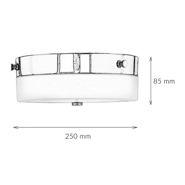 Abmessungen einer Deckenleuchte: 85 mm Höhe, 250 mm Durchmesser