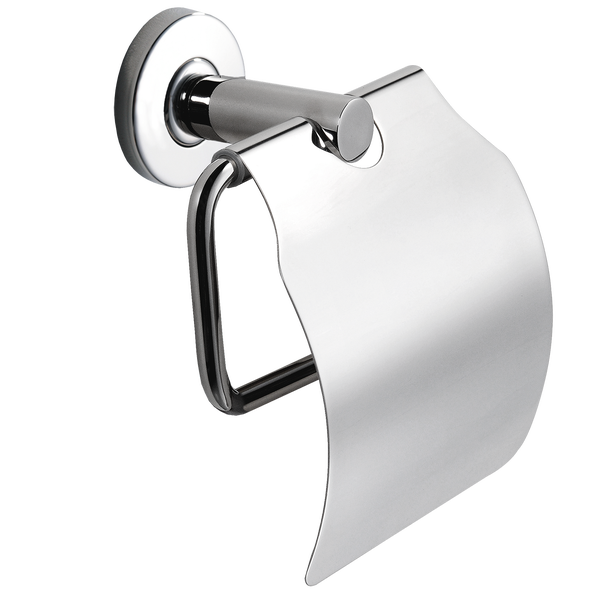 Toilettenpapierhalter mit Deckel aus verchromtem Metall zur Wandmontage.