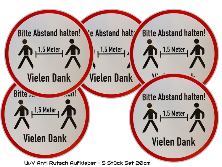 5 Stück Aufkleber für Böden -Bitte Abstand halten 1,5m - Anti Rutsch Folie Ø20cm