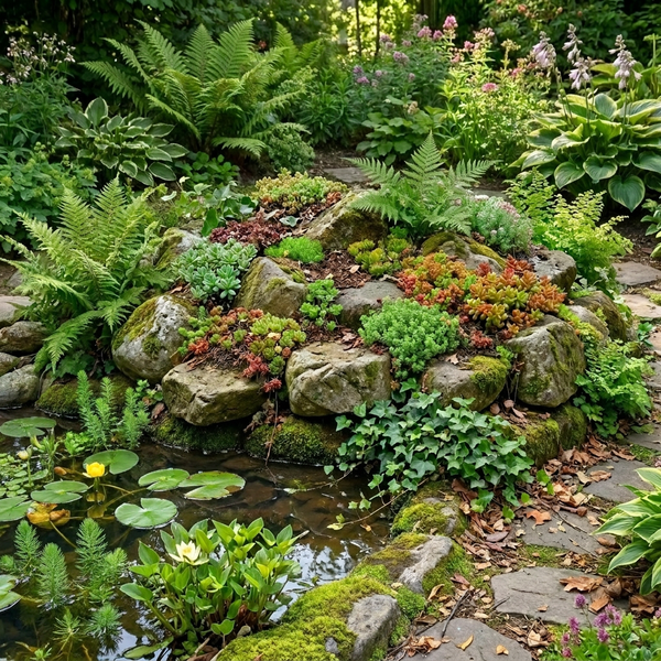 Ein naturnah gestalteter Gartenteich mit Steingarten, bepflanzt mit Sukkulenten, Farnen und blühenden Seerosen in einer üppigen Gartenumgebung.