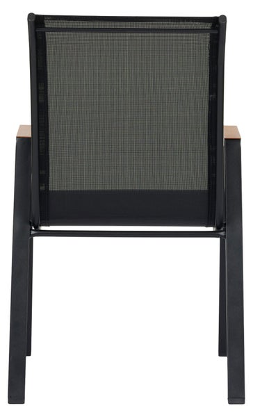Gartenstuhl Rückansicht mit schwarzem Metallgestell, schwarzem Textilgewebe und Armlehnen aus Holz.
