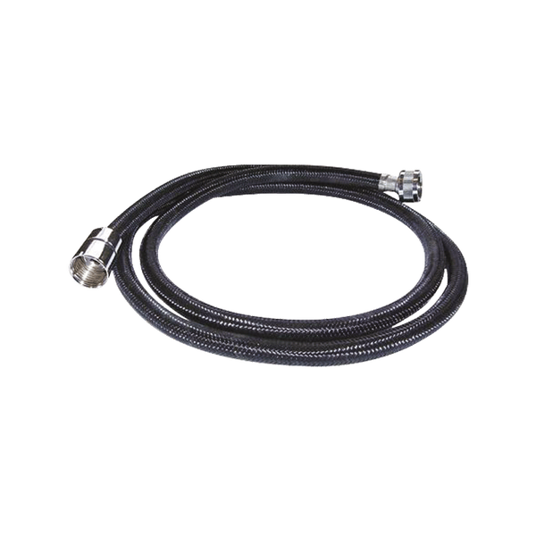 Brauseschlauch mit schwarzer Textilumflechtung und verchromten Metallanschlüssen.