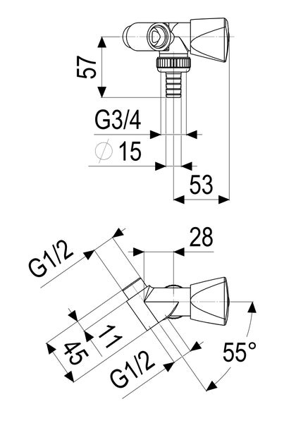 Maßzeichnung eines Auslaufventils mit Anschlüssen G 1/2 und G 3/4 sowie Maßangaben in Millimetern und 55 Grad Winkel.