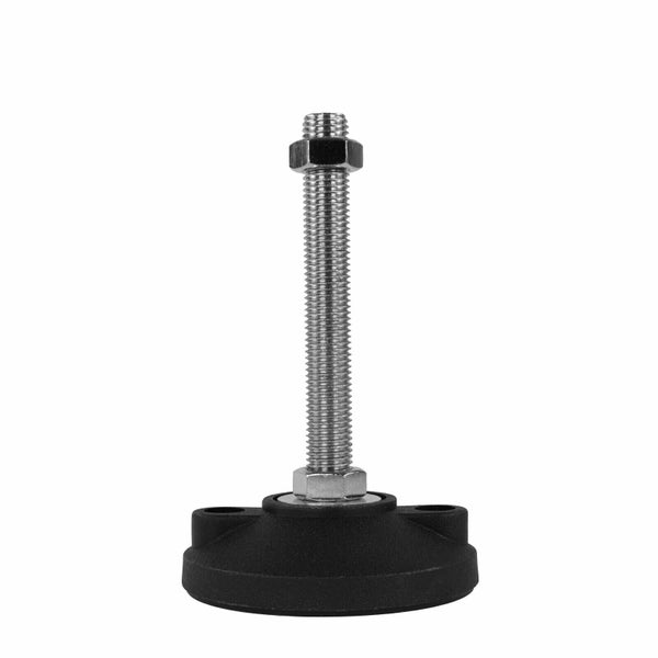 Höhenverstellbarer Stellfuß aus schwarzem Kunststoff und silbernem Metall mit Gewindebolzen und zwei Muttern.