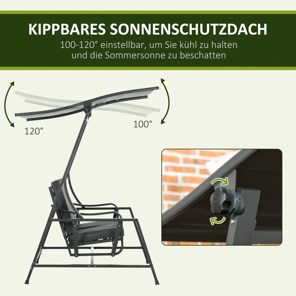 Outsunny Hollywoodschaukel, 2-Sitzer Gartenschaukel mit Verstellbarem Sonnendach, Sitzkissen, für Balkon, Dunkelgrau, 148 x 129 x 172 cm, Stahl, Dunkelgrau