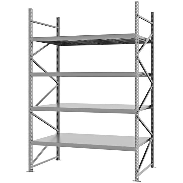 Robustes Weitraumpalettenregal aus Metall mit vier breiten Fachböden und seitlicher Verstrebung, ideal für Werkstatt, Garage und Lager.