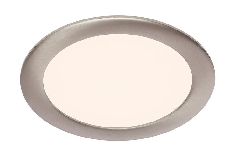 Runde LED-Einbauleuchte mit gebürstetem Metallrahmen und weißer Abdeckung.