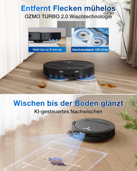 Saugroboter mit Wischfunktion in Aktion auf einem Holzboden