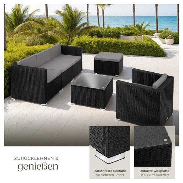 Rattan Lounge tectake Lignano variabel aufstellbar für 4 bis 5 Personen schwarz