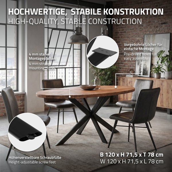 Esstisch mit ovaler Holzplatte und stabilem Metallgestell, ausgestattet mit Montageplatten und höhenverstellbaren Schraubfüßen.