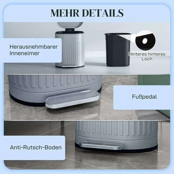 Tretmülleimer mit herausnehmbarem Inneneimer, Beutelfixierungsloch, Fußpedal und rutschfestem Boden.