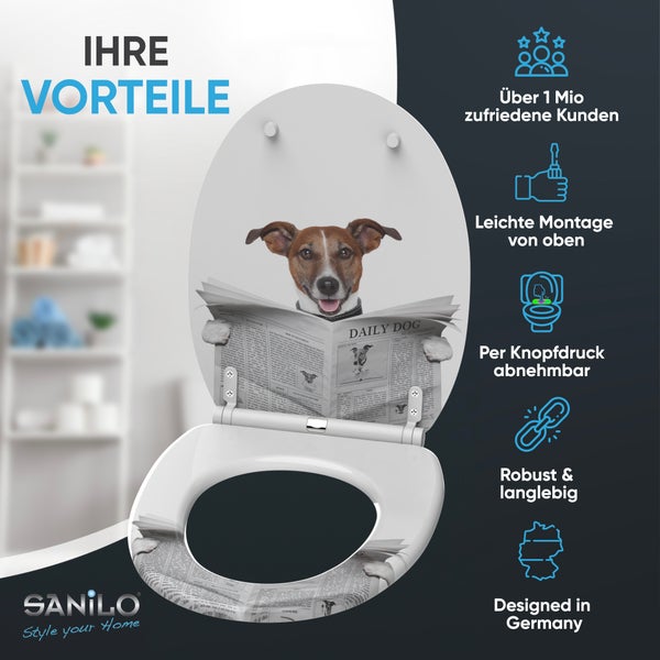 WC-Sitz mit Hundemotiv. Vorteile: Kundenzufriedenheit, Montage von oben, abnehmbar, robust, langlebig, deutsches Design. Sanilo Logo.
