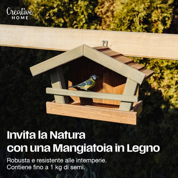 Vogelfutterhaus aus Holz zum Aufhängen mit einer Meise, wetterfest, für bis zu 1 Kilogramm Streufutter, Creative HOME Logo.