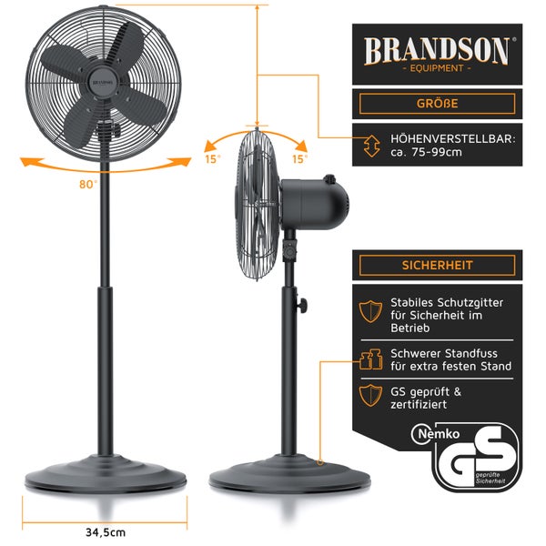 Brandson Standventilator 30 cm, 80° oszillierend, mobiler Lüfter, Standfuß höhenverstellbar, 3 Leistungsstufen, GS, Neigungswinkel 30° (verstellbar)