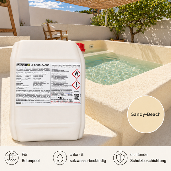 Schuettec LCK-Poolfarbe Sandy-Beach für Betonpools vor einem hellen Außenpool, chlor- und salzwasserbeständige Schutzbeschichtung.