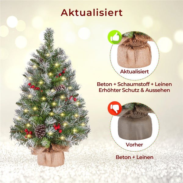 Dekorierter Miniaturweihnachtsbaum mit Lichterkette und Vergleich von zwei verschiedenen Sockelmaterialien