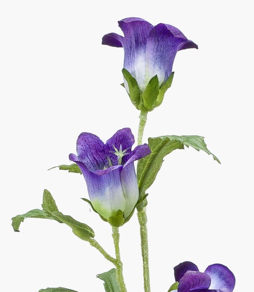Künstliche Glockenblume mit lila Blüten und grünen Blättern.